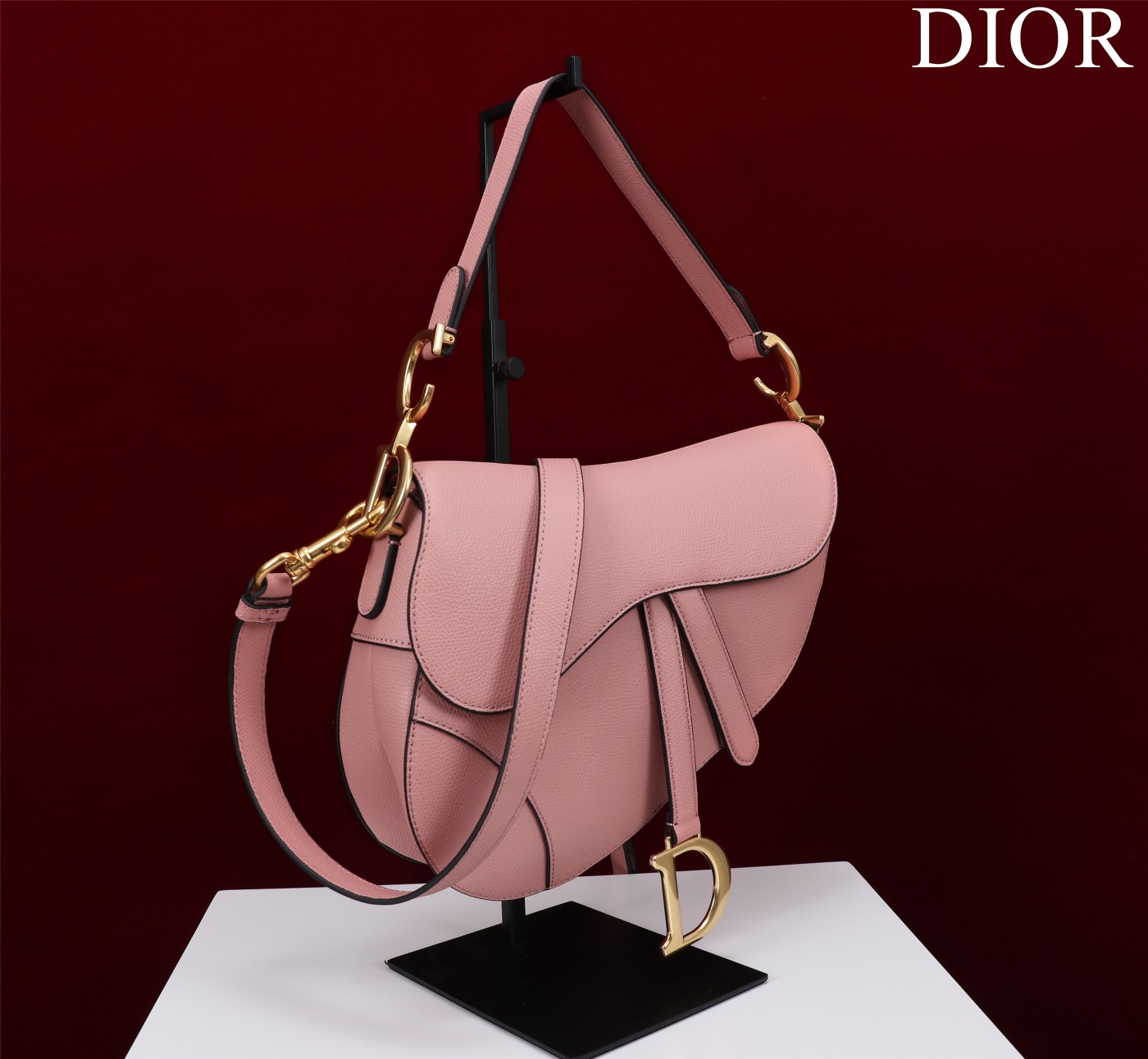 Saddle Bag with Strap Pink Grained Calfskin